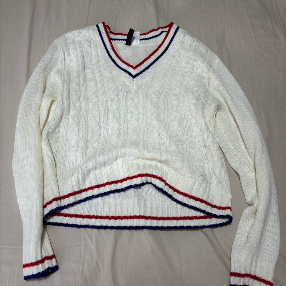 Women's White Cable Knit Sweater with Red and Blue Trim
